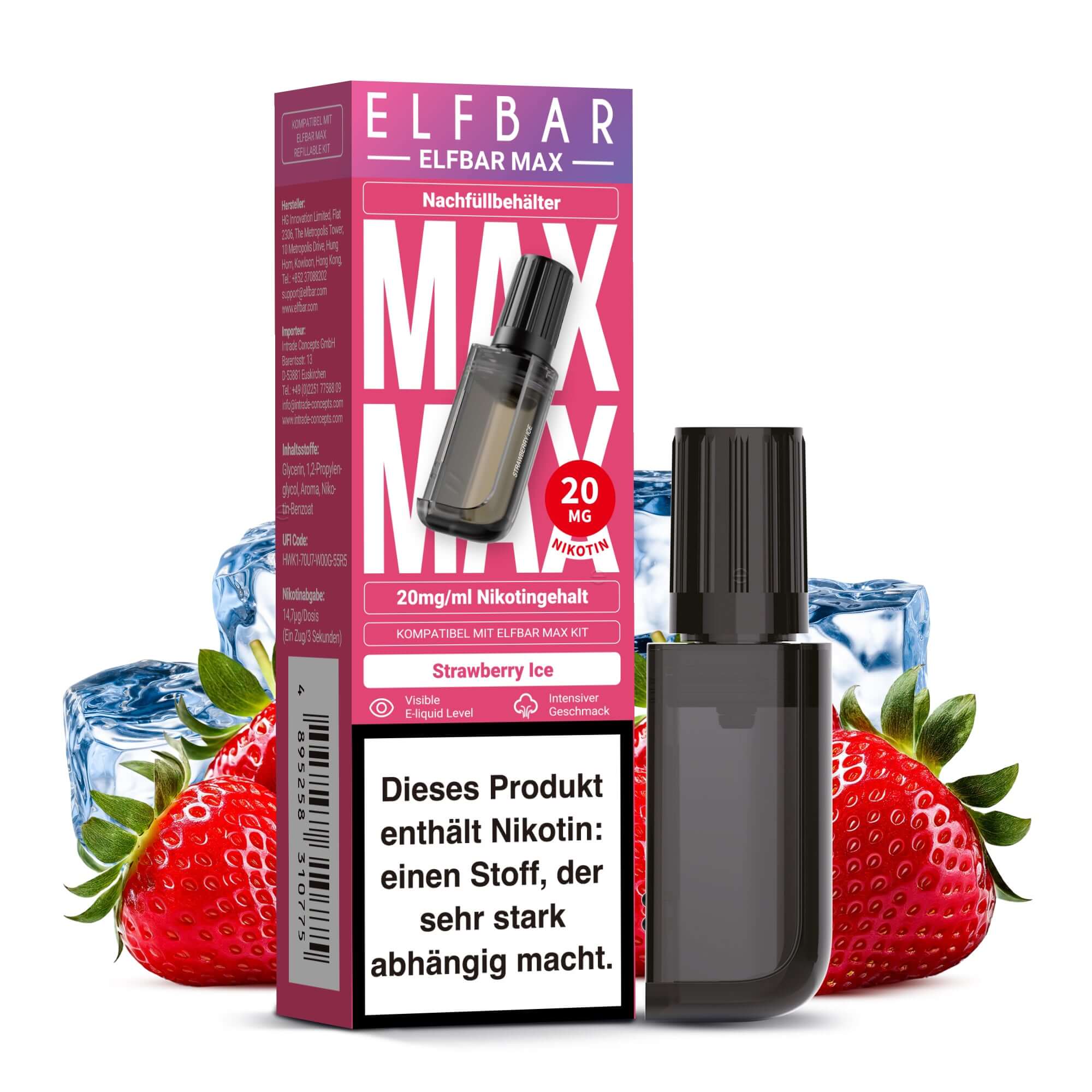 Elfbar Max Nachfüllbehälter mit 10 ml Nikotinsalz Liquid in Strawberry Ice, für intensives Dampfen.